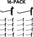 KINGDOM SOLUTIONS – 16-Pack Black Metal Slatwall Hooks (8X 4, 8X 6) – Heavy-Duty Slat Wall Accessories for Garage Organization, Retail Displays & Tool Storage Systems