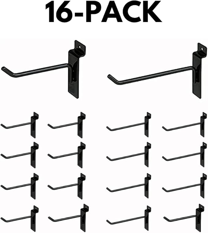KINGDOM SOLUTIONS – 16-Pack Black Metal Slatwall Hooks (8X 4, 8X 6) – Heavy-Duty Slat Wall Accessories for Garage Organization, Retail Displays & Tool Storage Systems