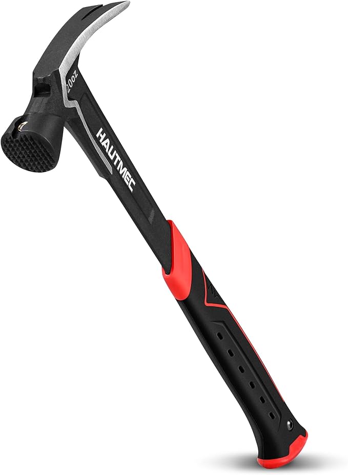 HAUTMEC 20 oz. One Piece Forged Framing Hammer With Straight Rip Claw Hammer, Milled Face, Shock-Absorbing Grip, with Magnetic Nail Holder, HT0371-HM