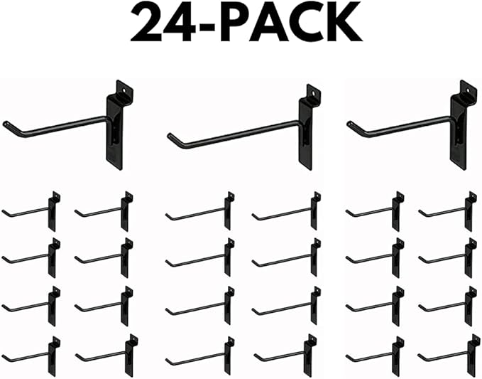 KINGDOM SOLUTIONS – 24-Pack Black Metal Slatwall Hooks (12x 4, 12x 6) – Heavy-Duty Slat Wall Accessories for Garage Organization, Retail Displays & Tool Storage Systems