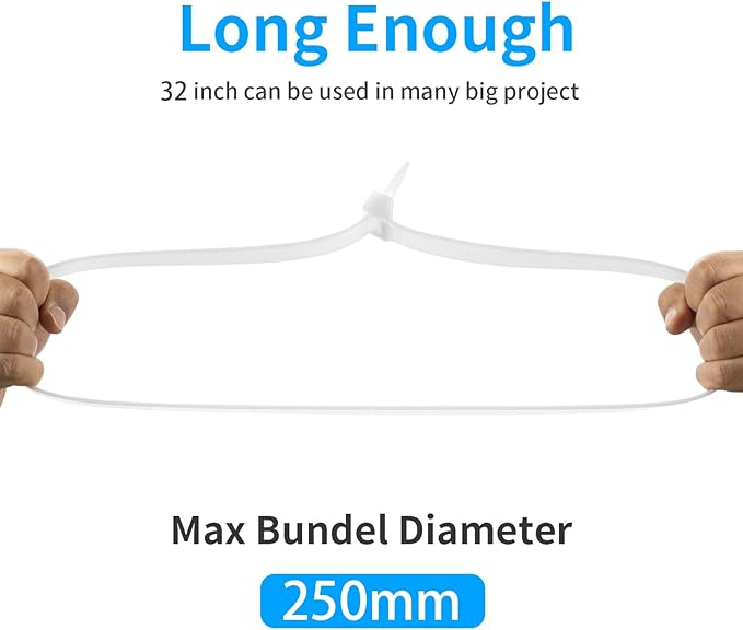 34 inch White Zip Ties Heavy Duty 40 PCS, 250LBS Ultra Exclusive Strong Plastic Wire Ties, Large Cable Ties Extra Long Tie Wraps, Indoor and Outdoor UV Resistant