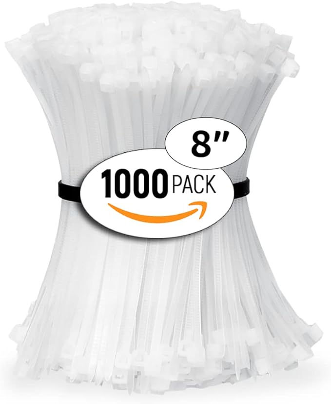 ALBO Zip Ties White 8 Inch 1000 Pack 40 lb, Long Plastic Cable Ties Thick 0.14 Inch Tie Wraps Heavy Duty UV Resistant Nylon Wire Ties for Indoor and Outdoor