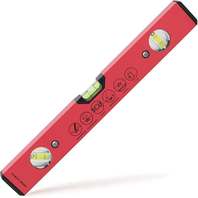 BETHEL Torpedo Level, 16" Magnetic Torpedo Spirit Level Tool with 3 Vials, 45°/90°/180°Degrees, Aluminum Shockproof Bubble Level, High Visibility Red Durable Measuring Leveler