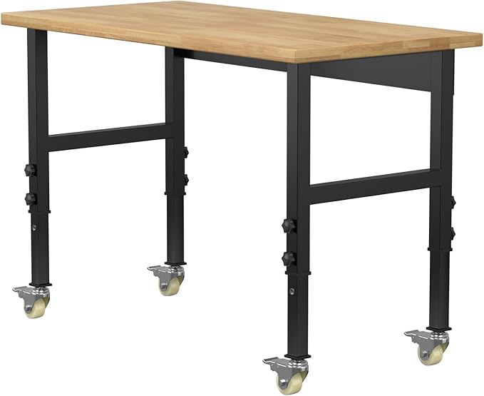 48" Adjustable Workbench,Heavy-Duty Work Table,3000 LBS Load Capacity Hardwood Workstation with Wheels,for Workshop, Garage