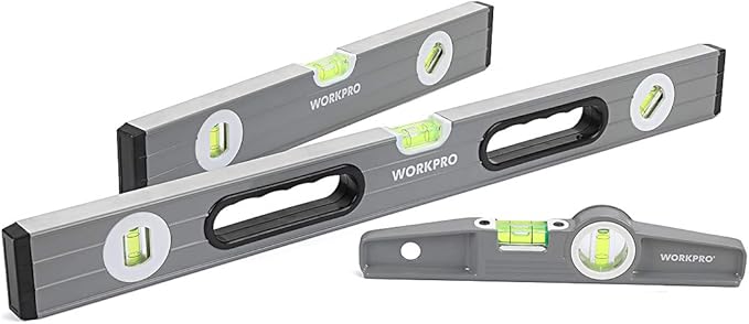 WORKPRO Torpedo Level, 3-Piece Spirit Level Set, 9"(Magnetic), 16"(Non-magnetic), 24"(Non-magnetic), Bubbles Measuring, Clear, Green.