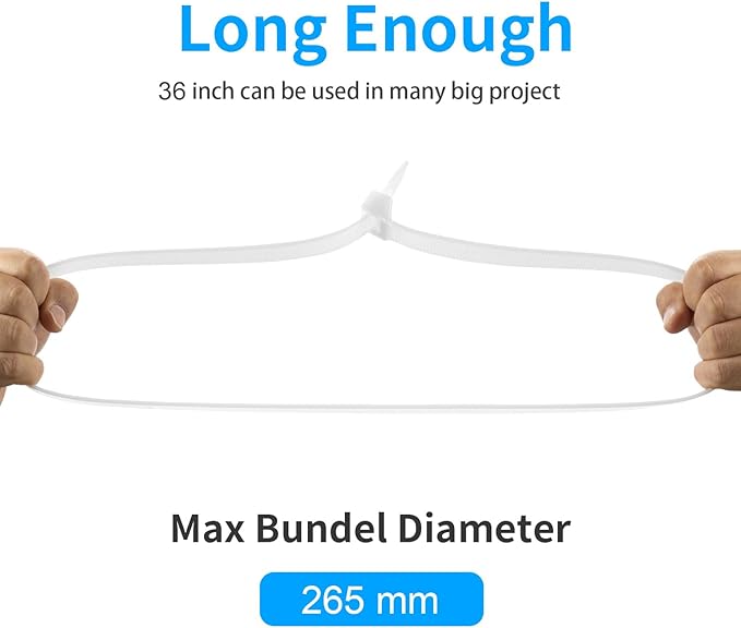 36 inch White Zip Ties Heavy Duty 40PCS, 200LBS Ultra Exclusive Strong Plastic Wire Ties, Large Cable Ties Extra Long Tie Wraps, Indoor and Outdoor UV Resistant