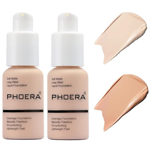2 Pack PHOERA Foundation,Flawless Soft Matte Liquid Foundation 24 HR Oil Control Concealer Foundation Makeup,Full Coverage Foundation for Women and Girls(((101 Porcelain+103 Warm Peach)-VeraVaultWomen