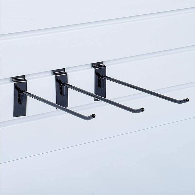KINGDOM SOLUTIONS – 24-Pack Black Metal Slatwall Hooks (12x 4, 12x 6) – Heavy-Duty Slat Wall Accessories for Garage Organization, Retail Displays & Tool Storage Systems