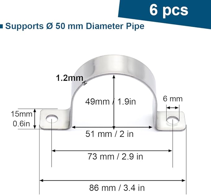 2 Inch Conduit Clamps Two Hole Metal Clamp Stainless Steel U Bracket Conduit Strap Tension Clips, Universal Clamp for Cylindrical Components - Fits OD 50 mm (Approx. 2") | 6 Pcs