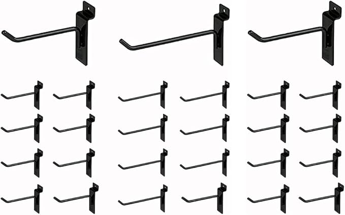 KINGDOM SOLUTIONS – 24-Pack Black Metal Slatwall Hooks (12x 4, 12x 6) – Heavy-Duty Slat Wall Accessories for Garage Organization, Retail Displays & Tool Storage Systems