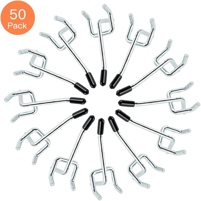 2 Inch 50-Pack,Sturdy and Durable L Shape Galvanized Metal suitbale for 1/4 and 1/8 Pegboard Hooks with Rubber Tipped,Pegboard Hooks for Garage,Office,Kitchen,Store(Silver)
