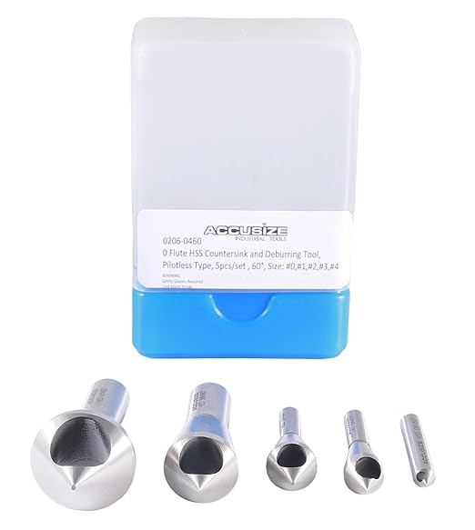 Accusize Industrial Tools 5 pc 60 Deg 0-Flute HSS Countersink & Deburring Tool Set, Pilotless Type, 0206-0460