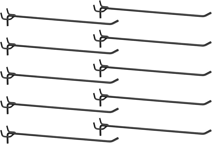 HARFINGTON 10pcs Pegboard Shelving Hooks 10" Stainless Steel Peg Board Display Hook Hanging Holders Wall Mount Organize Tools for Workbench Garage Kitchen Store, Black