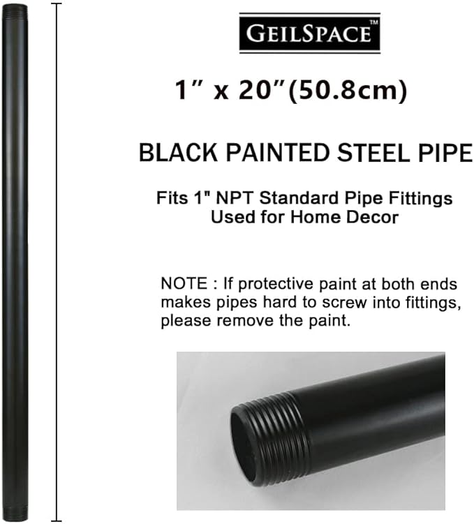 GeilSpace 1" × 20" Pre-Cut Black Metal Pipe, Industrial Steel Fits Standard One Inch Black Threaded Pipes and Fittings - Vintage DIY Industrial Shelving (1" × 20")