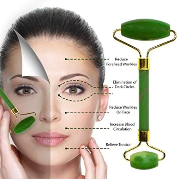 Green Jade Roller & Gua Sha Set, Face Roller Manual Massager,Green Jade Applicator for Face, Neck,Body Muscle,Relaxing, Stimulating Blood Flow, Relieve Fine Lines, Wrinkles,Green-VeraVaultWomen