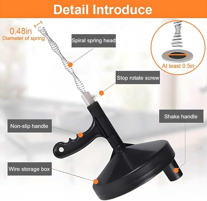 FLSEPAMB Drain Auger 25 Ft Plumbing Snake Snake Drain Clog Remove Tool Professional Sink Snake for Bathtub Drain, Kitchen Sink, Comes with Gloves and 25 Inch Snake Hair Clog Remover