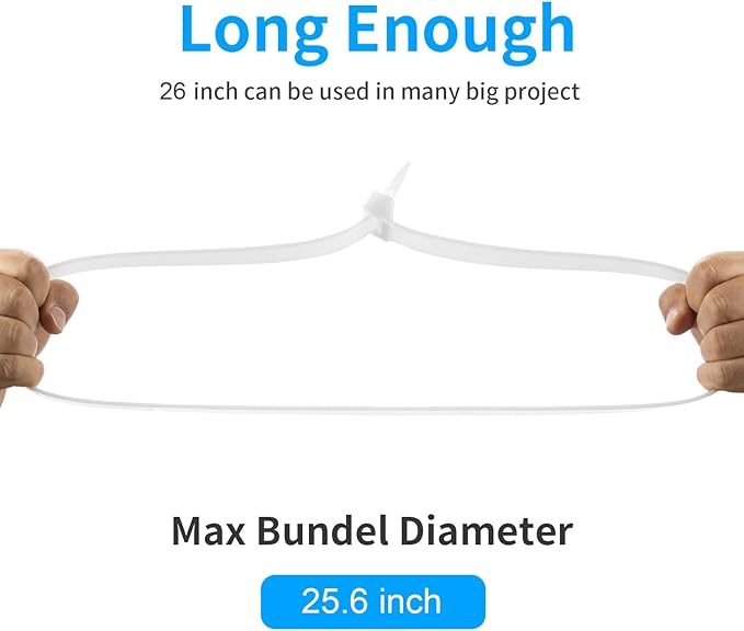 26 inch White Zip Ties Heavy Duty 60 PCS, 200 LBS Ultra Exclusive Strong Plastic Wire Ties, Large Cable Ties Extra Long Tie Wraps, Indoor and Outdoor UV Resistant