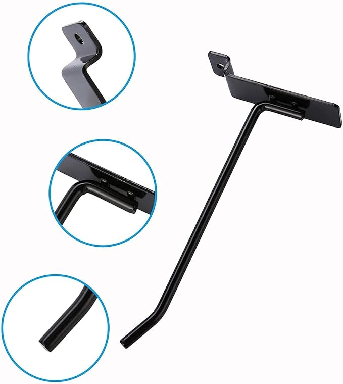 KINGDOM SOLUTIONS – 12-Pack Black Metal Slatwall Hooks (6X 4, 6X 6) – Heavy-Duty Slat Wall Accessories for Garage Organization, Retail Displays & Tool Storage Systems