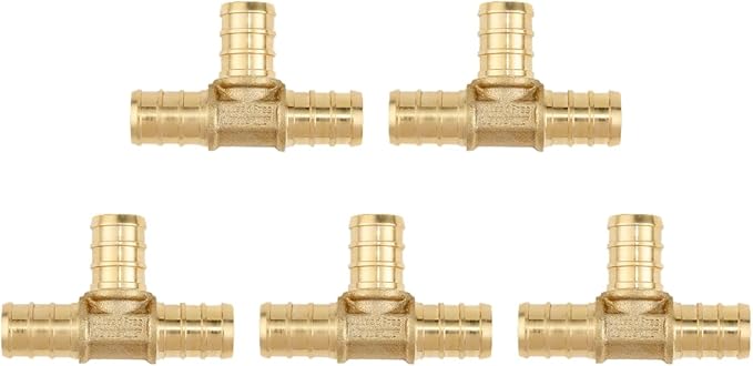 1/2" PEX Tee Brass Pipe Fitting (5 Pack) - Anti-Corrosion, Lead-Free, 5 Year Warranty, Multiple Certifications, Easy Installation for Plumbing Repairs and Home DIY