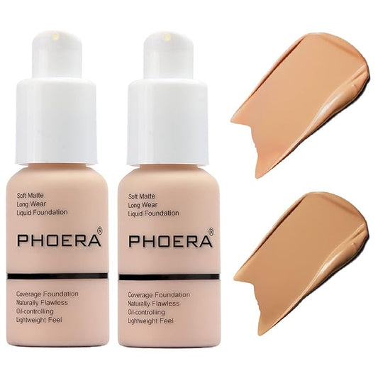 2 Pack PHOERA Foundation,Matte Oil Control Concealer Foundation Cream,PHOERA Long Lasting Waterproof Matte Liquid Foundation for Women Girls (104 Buff Beige+105 Sand)-VeraVaultWomen