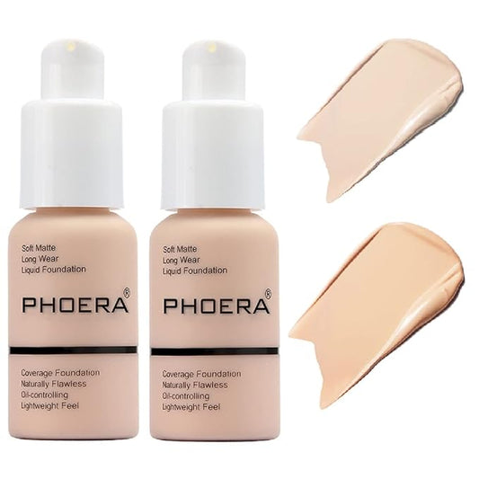 2 Pack PHOERA Foundation Makeup For Older Women,Flawless Soft Matte Liquid Foundation 24 HR Oil Control Concealer Foundation Makeup(101 Porcelain+102 Nude)-VeraVaultWomen