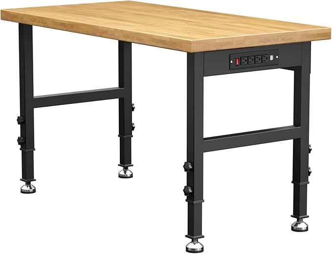 48” Heavy-Duty Solid Wood Work Bench Work Table, Adjustable Height Workbench with Power Outlets, 3000 Lbs Capacity Workstation for Garage, Workshop