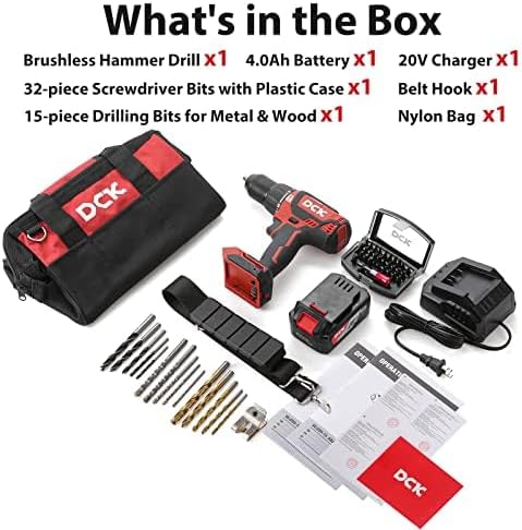 DCK 20V Brushless Hammer Drill, 531 in.lbs, 36000 BPM, 1/2" Keyless All-Metal Chuck, 4.0Ah Battery, 22+1+1 Clutch, Impact Drill Kit for Drilling Brick Wall, Metal, Wood, KDJZ05-13
