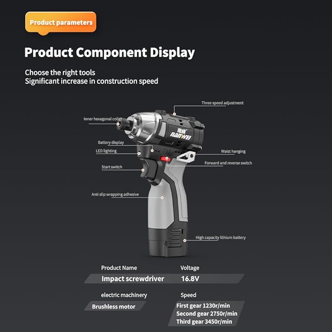 Impact Wrench 16.8V Brushless Impact Wrench Kit High Torque Impact Driver 2x2.0Ah Battery Electric Impact Motor Variable Speed