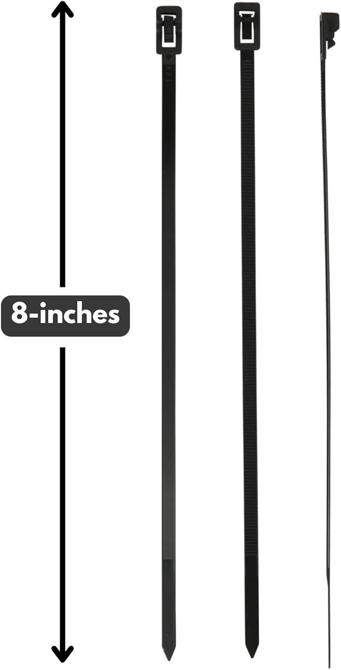 250-Count Reusable 8-inch UV Resistant Nylon Cable Zip Ties, Black