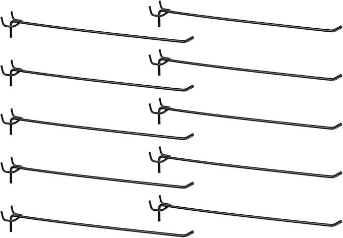 HARFINGTON 10pcs Pegboard Shelving Hooks 12" Stainless Steel Peg Board Display Hook Hanging Holders Wall Mount Organize Tools for Workbench Garage Kitchen Store, Black