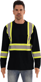 Hi Vis Safety Long Sleeve Shirts，High Visibility Class 3 T Shirts with Reflective Strips and Pocket, Quick Dry Mesh Construction Work Shirt for Men/Women (Black,6XL)