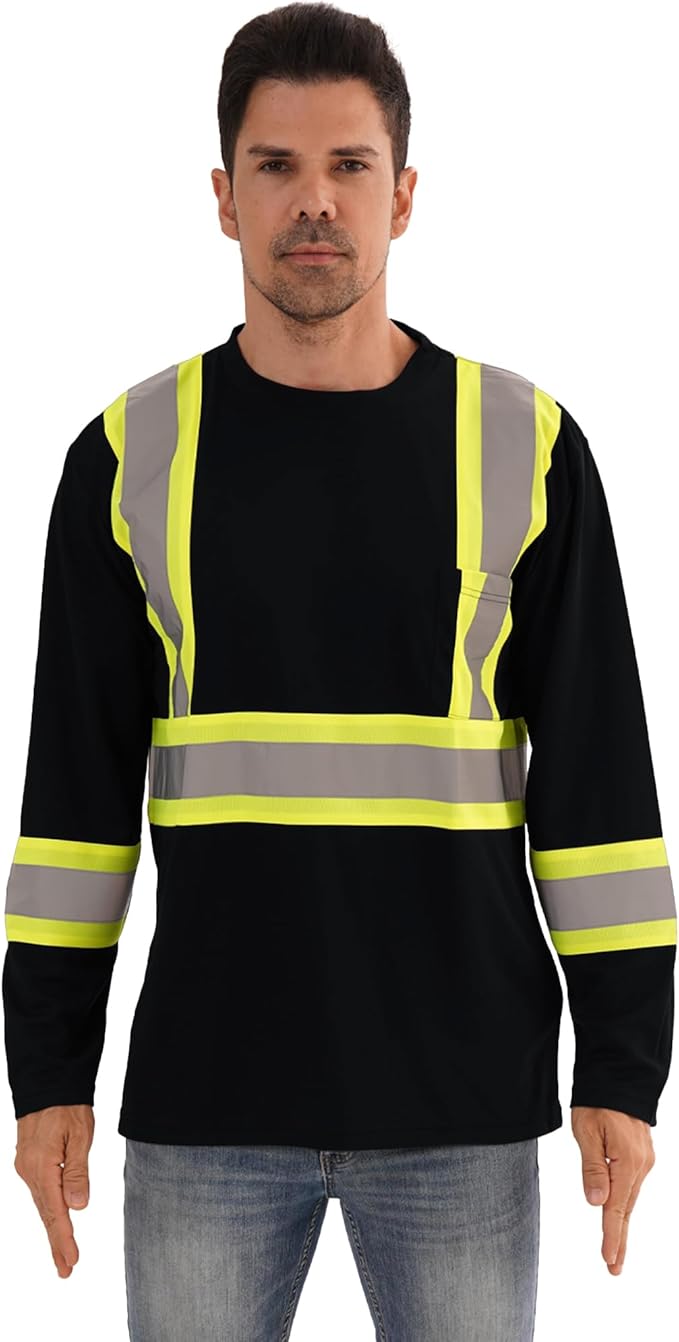 Hi Vis Safety Long Sleeve Shirts，High Visibility Class 3 T Shirts with Reflective Strips and Pocket, Quick Dry Mesh Construction Work Shirt for Men/Women (Black,6XL)