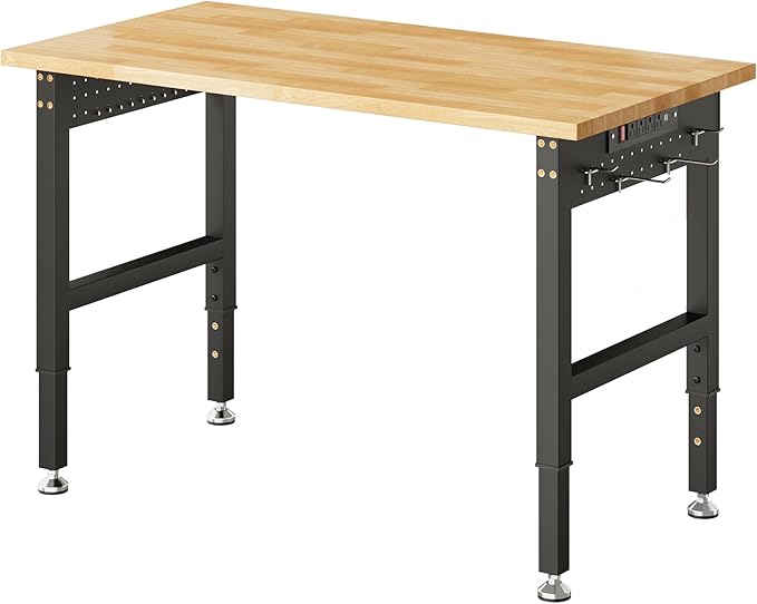 SPECRAFT Adjustable Heavy Duty Workbench with 4 AC Outlet and 2 USB Ports Power Outlets, 2000 Lbs Capacity, Rubber Wood Top for Garage, Workshop, Office