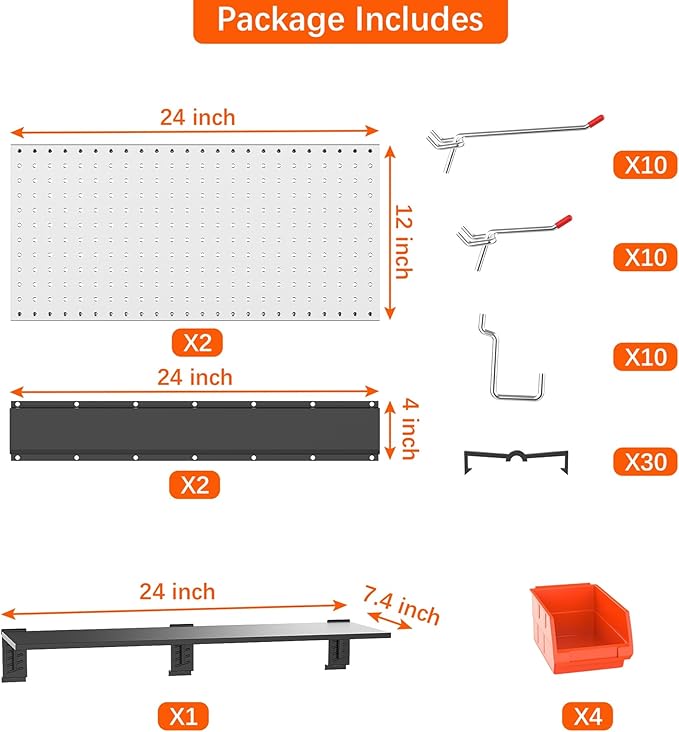 TORACK 69PCS Metal Pegboard with Accessoreis for Garage Wall, Tool Organizer Pegboard with Hooks, Wall Mounted Bins/Shelf, Tool Storage Peg Board for Wall(Grey)