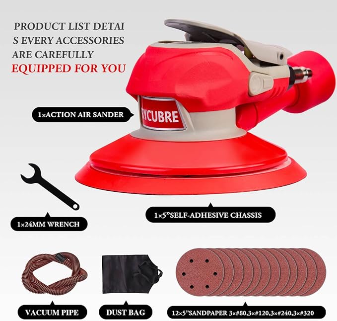 Air Sander 6 Inch DA Palm with vacuum Sander, Pneumatic Random Orbital da Sander for auto body & Woodworking & Auto Polishing (including 12 sandpaper + accessories)