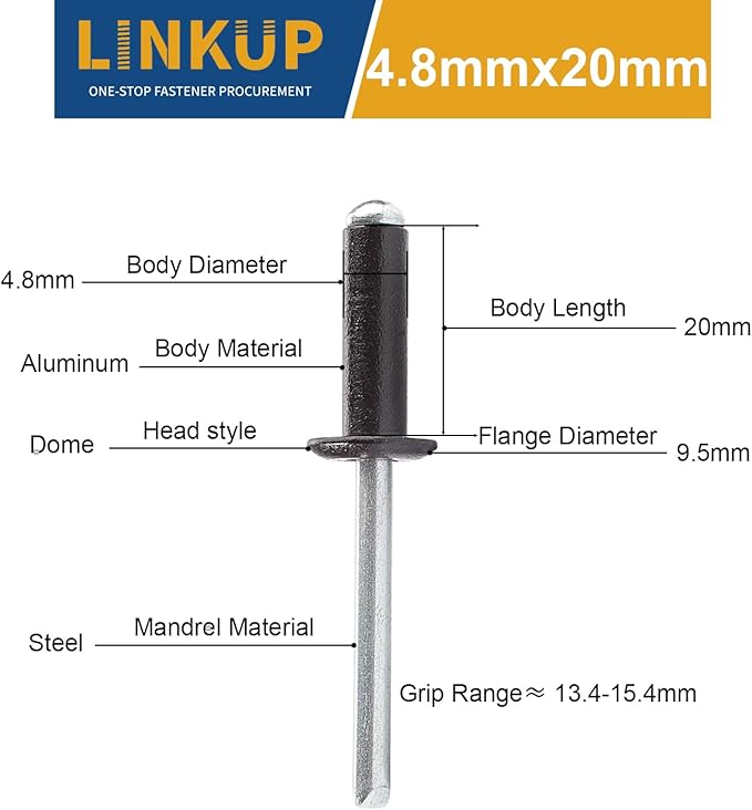 Linkup 110pcs pack 4.8 x 20" Black pop blind Rivets, 4.8mm x 20mm Black pop rivets,Aluminum Body Steel Mandrel Rivets (Black),Dome Head aluminum rivets