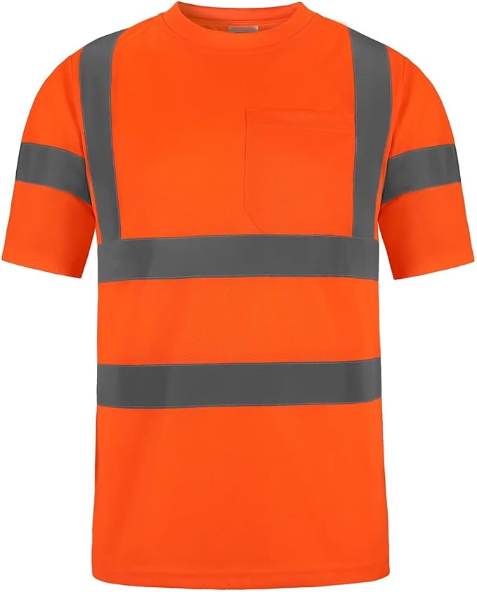High Visibility Class 3 T Shirts，Hi Vis Safety Shirts with Reflective Strips and Pocket, Short Sleeve Quick Dry Mesh Construction Work Shirt for Men/Women Orange,XL