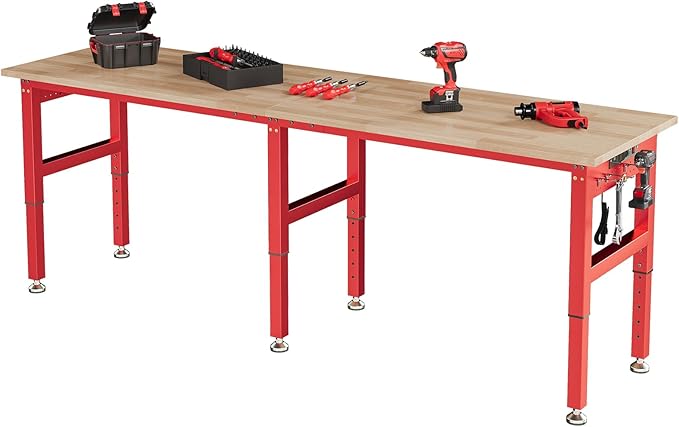 SPECRAFT 96" Red Adjustable Heavy Duty Workbench with 4 AC Outlet and 2 USB Ports Power Outlets, 5000 Lbs Capacity, Rubber Wood Top for Garage, Workshop, Office