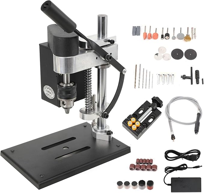 Mini Bench Drill Press, Small Benchtop Drilling Machine Electric Portable Table Driller, Adjustable 7-Speed, B10 Chuck, Drill Bit and Clamp, Metal Wooden DIY Jewelry Making Crafts Tool
