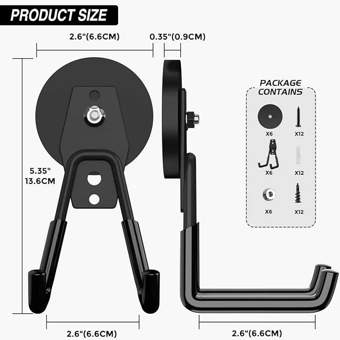 6 Pack Heavy Duty Storage Magnetic Utility Hooks Large Garage Strong Extra Magnet Hooks Hanger with Anti-Slip Coating Heavy Duty Magnetic Hooks for Hanging Power Dril Garage Garden Tools Black