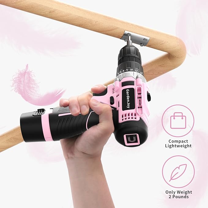 GardenJoy Cordless Power Drill Set: 12V Electric Drill with Battery and Charger, 2 Variable Speed,