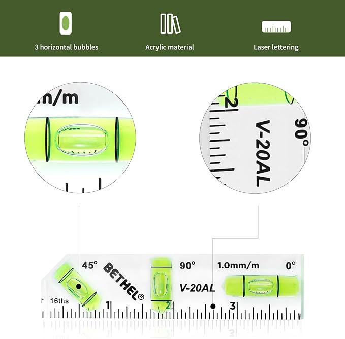 BETHEL Mini Bubble Level - 3-in-1 Multi-Angle (45°/90°/180°) Cross-Check Pocket Spirit Shatterproof Level for Picture Hanging, Wall Framing, Tile Layout & DIY Measuring Tools