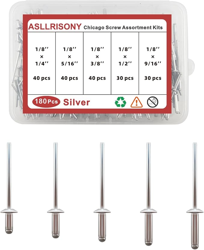 180Pcs Silver 1/8" Pop Rivets Assortment Kit,5 Sizes Aluminum Rivets,Aluminum blind pro Rivets for DIY/Metal/Furniture/Instruments