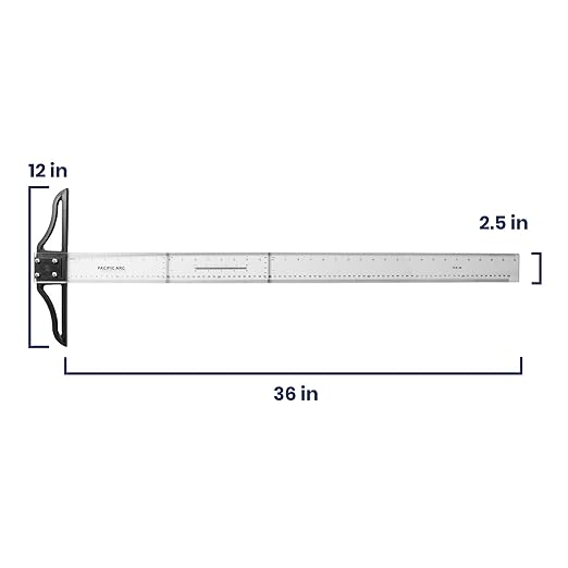 Pacific Arc 36 Inch T Square, Traditional Acrylic Graduated in Inch and Metric, Detachable Head