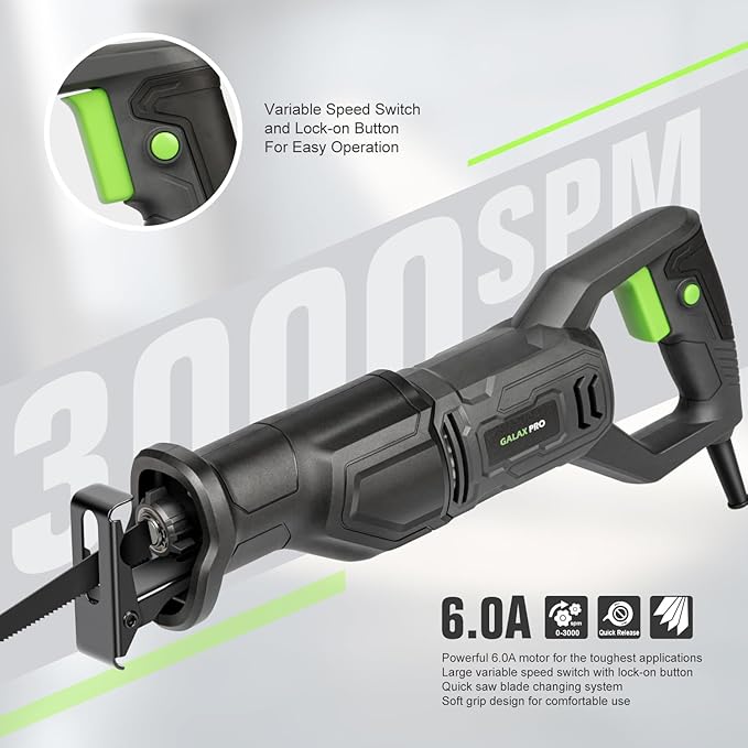 GALAX PRO 120V Reciprocating Saw, 6.0 Amp Variable Speed Corded Reciprocating Saw with1-1/8" Stroke Length, 2800RPM and 6" Max for Wood, Metal, PVC Pipe Cutting
