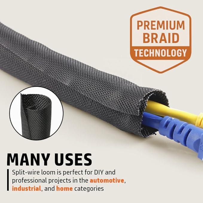 MGI SpeedWare Woven Mesh Split-Sleeve Wire Loom for High-Temperature Automotive Harness and Home Cable Management - 25 feet (1.25")