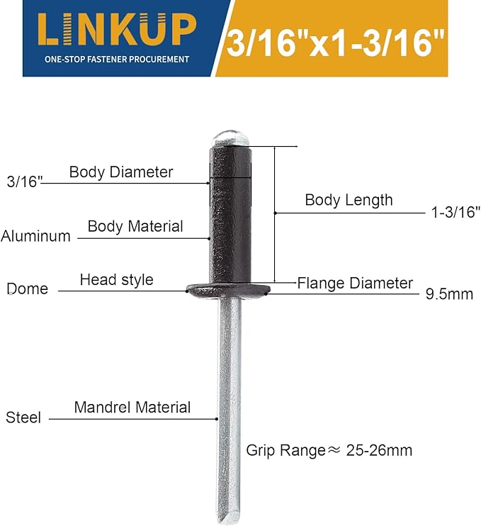 Linkup 90pcs pack 3/16" x 1-3/16" Black pop blind Rivets, 4.8mm x 30mm Black pop rivets,Aluminum Body Steel Mandrel Rivets (Black),Dome Head aluminum rivets