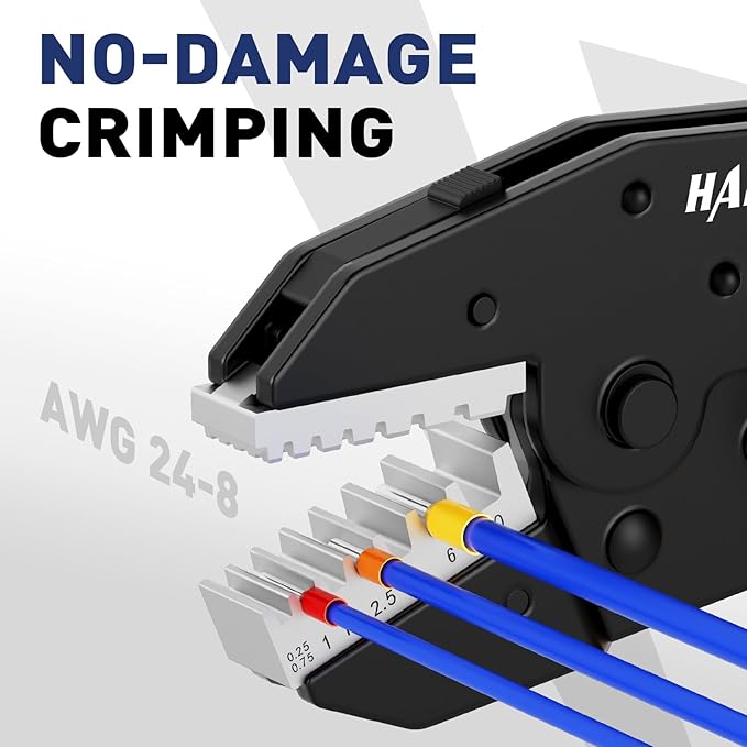 haisstronica Quick Change Jaws Crimping Tool for Ferrule Terminals AWG 24-8 Ratcheting Wire Crimper & Terminals - H2