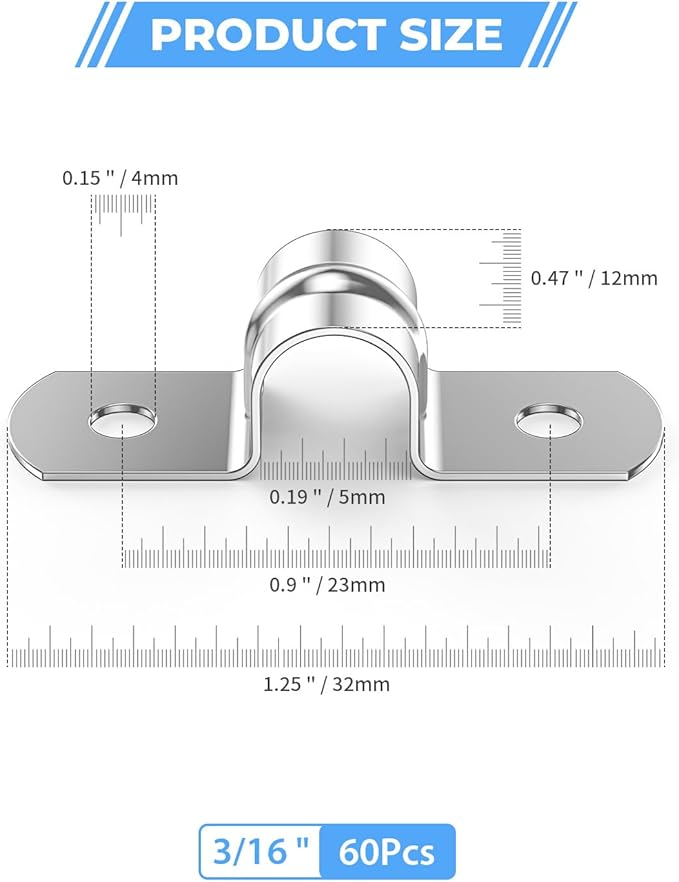 60Pcs 3/16 Inch (5mm) 304 Stainless Steel Conduit Clamps, U-Tube Strap Pipe Clamp 2 Hole Strap U Bracket Rigid Pipe Strap Metal U Clamp Conduit Strap Tension Clips U-tube Clamp