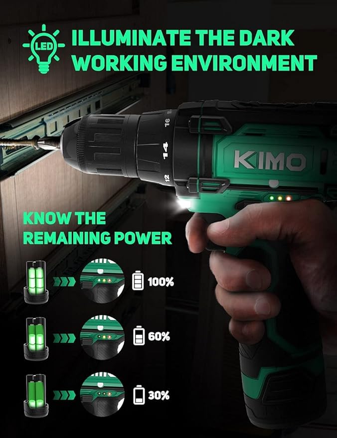 KIMO Cordless Drill/Driver Kit, 48pcs Power Drills Set w/Li-Ion Battery and Charger - 12V MAX Drills 280 In-lb Torque, 18+1 Metal Clutch, 3/8" Keyless Chuck, Built-in LED-Drill for Wood Bricks